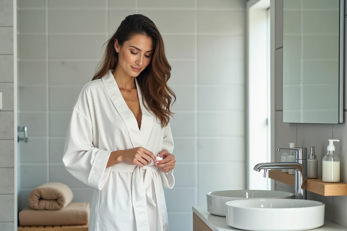 Femme appliquant une lotion apaisante après épilation du maillot dans une salle de bain moderne à domicile