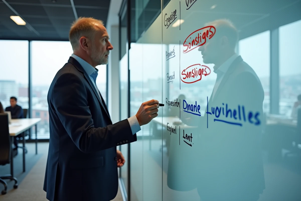 Homme d'affaires expliquant des équivalents français du terme allemand Sonstiges sur un tableau blanc en bureau moderne