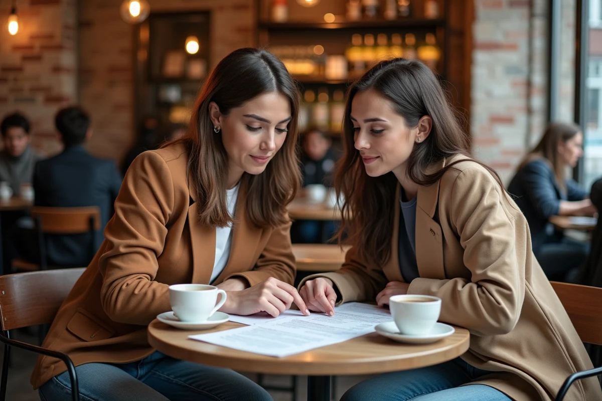 Deux femmes comparant des documents bilingues allemand-français dans un café berlinois pour clarifier le sens de Sonstiges