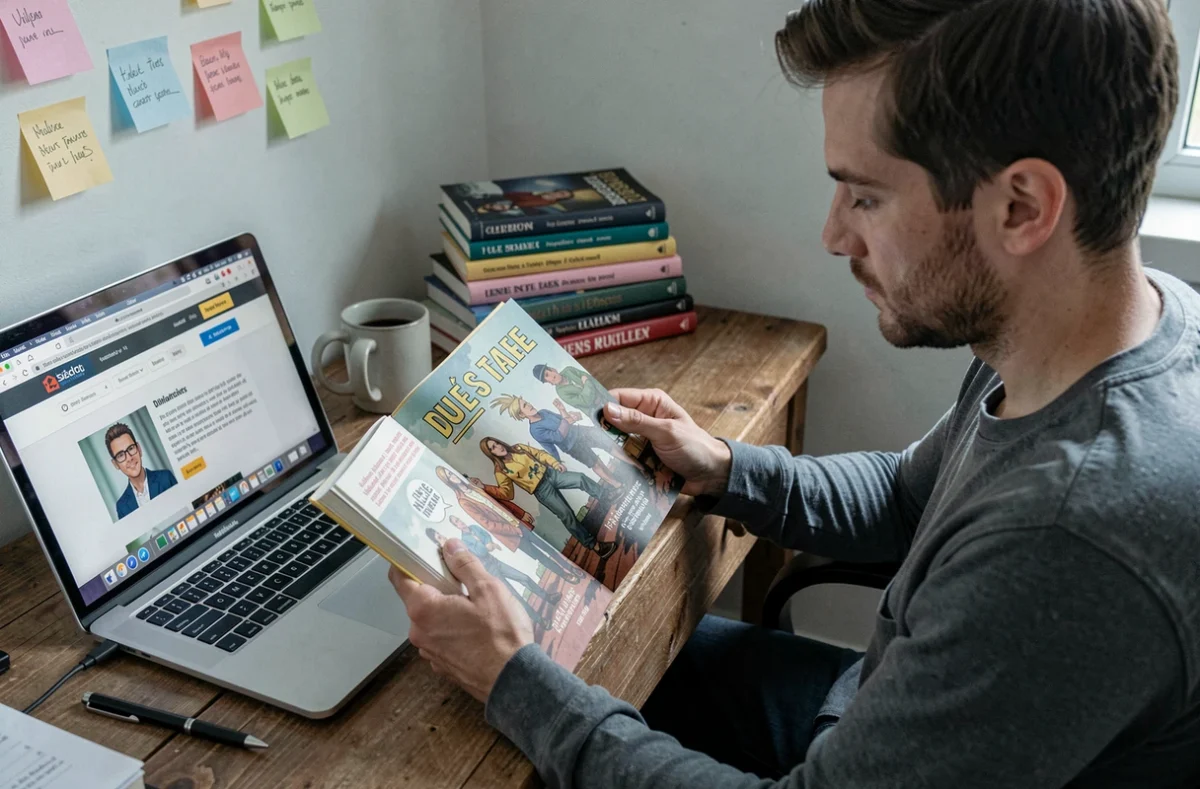 Homme consultant un site officiel d'auteur sur son ordinateur tout en lisant Just Friend en version française