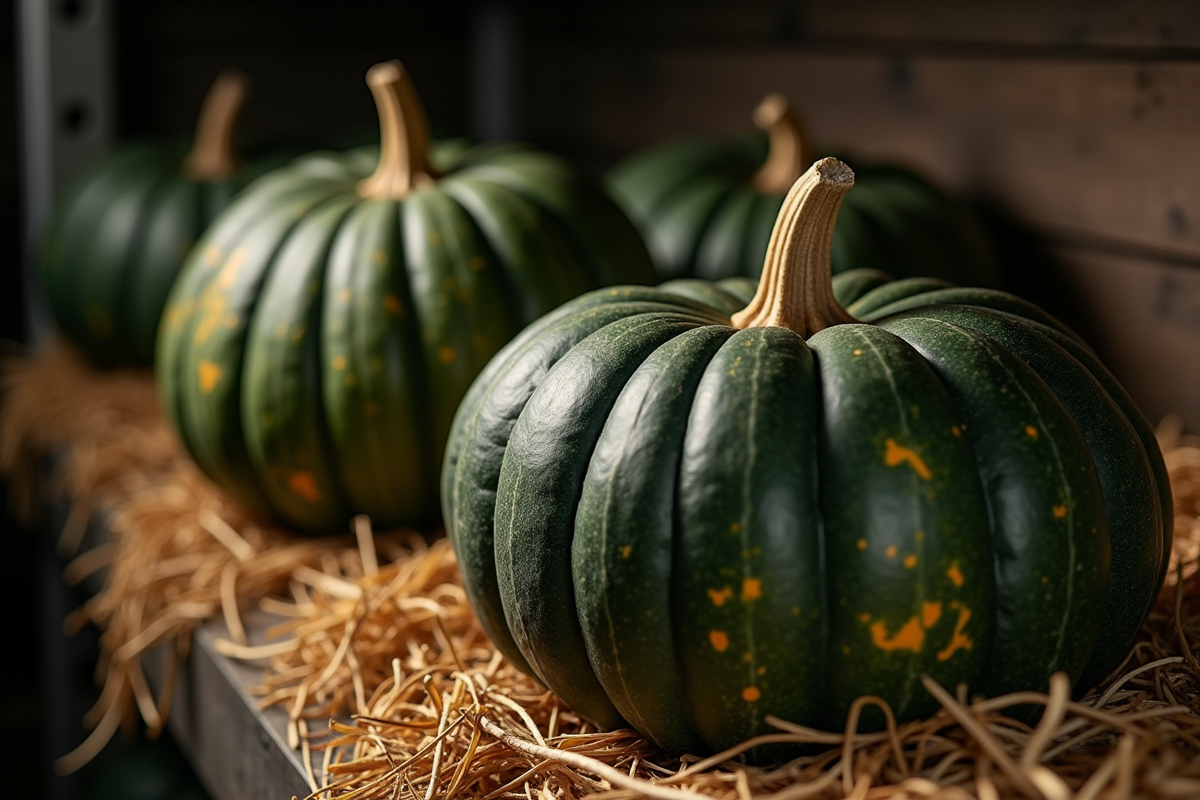 Citrouilles vertes stockees dans un cellier sombre