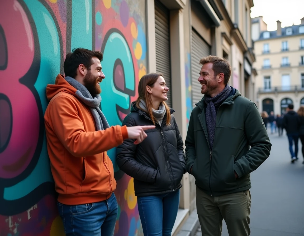 Groupe d'amis devant un street art à Belleville Paris, activité gratuite ou pas chère le soir