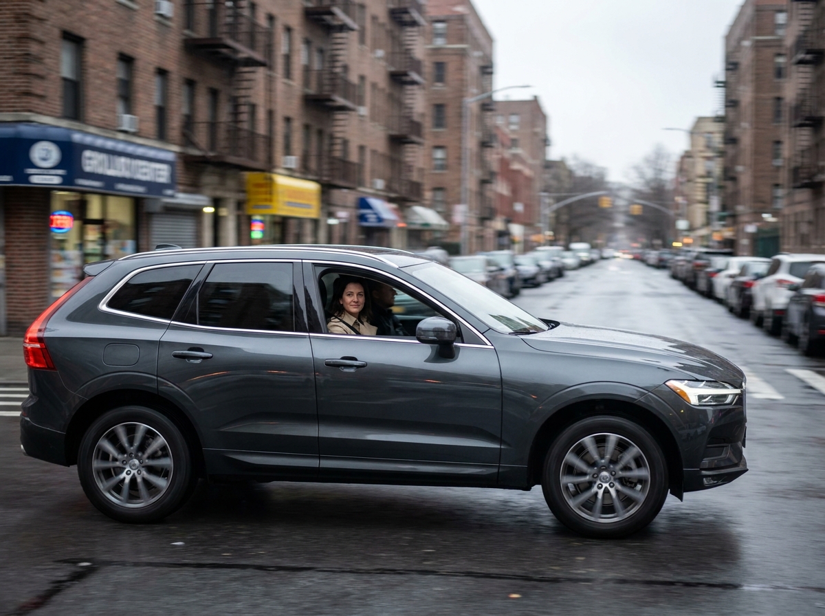 SUV moderne conduit par une femme en ville sous la pluie, représentant l'usage quotidien d'un SUV en milieu urbain