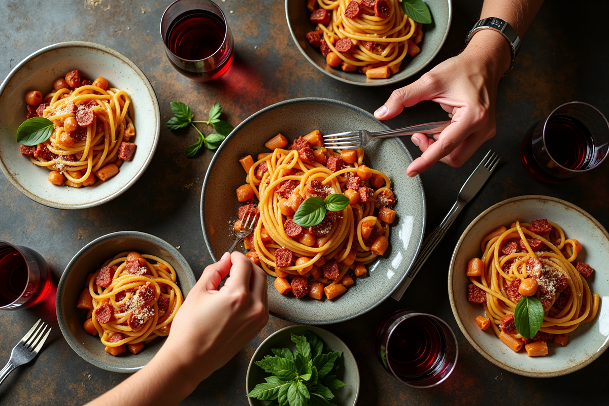 Table de dîner italien avec pâtes et verres de vin rouge