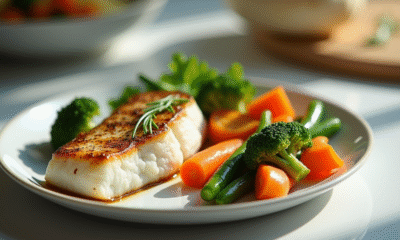 Table avec filet de poisson blanc et légumes vapeur colorés
