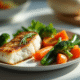 Table avec filet de poisson blanc et légumes vapeur colorés