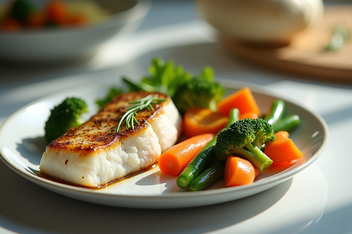 Table avec filet de poisson blanc et légumes vapeur colorés
