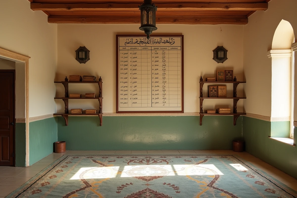 Tableau des horaires de prières affiché dans une mosquée de quartier à Narbonne avec les calculs par école juridique islamique