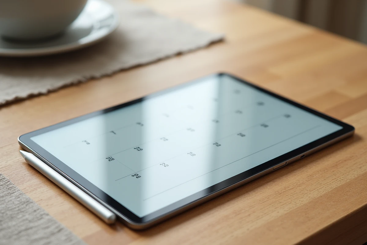 Tablette numérique affichant un calendrier annuel 2026 avec les numéros de semaines paires et impaires