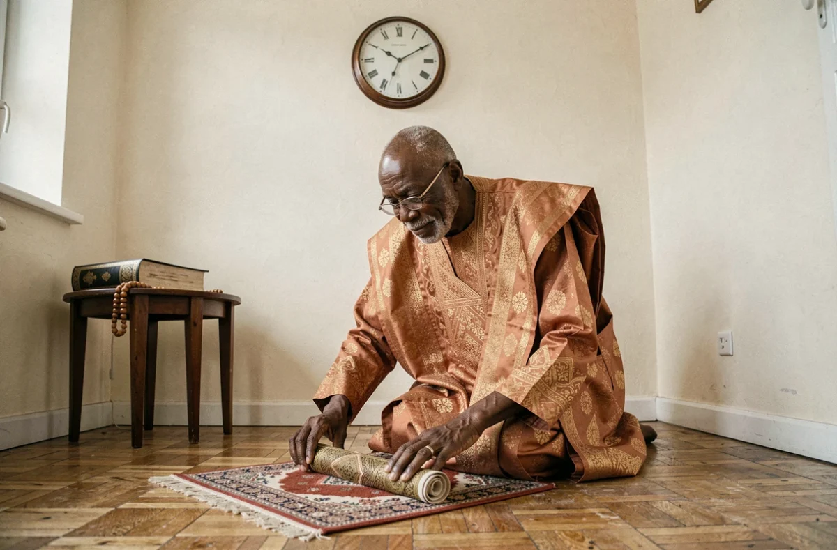 Homme âgé en boubou déroulant son tapis de prière dans un appartement de Vénissieux à l'heure de la prière