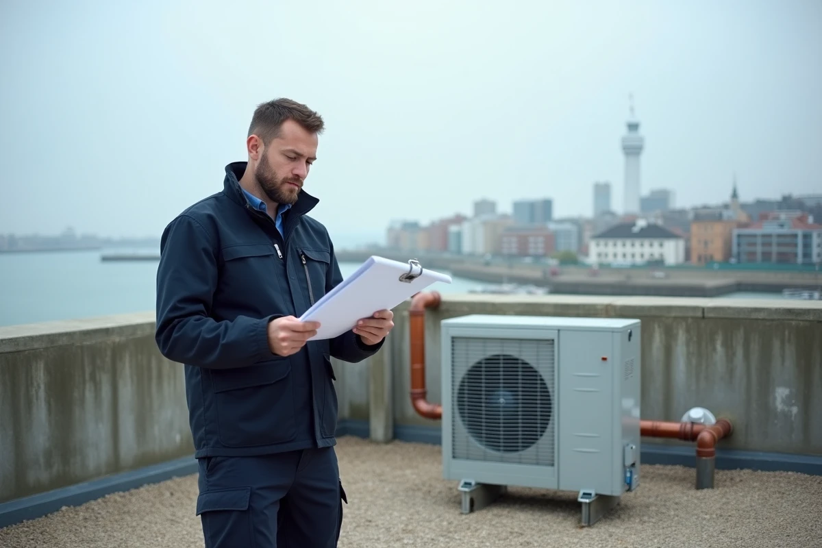 Technicien sur un toit au Havre supervisant l'installation d'une pompe à chaleur avec vue sur la ville