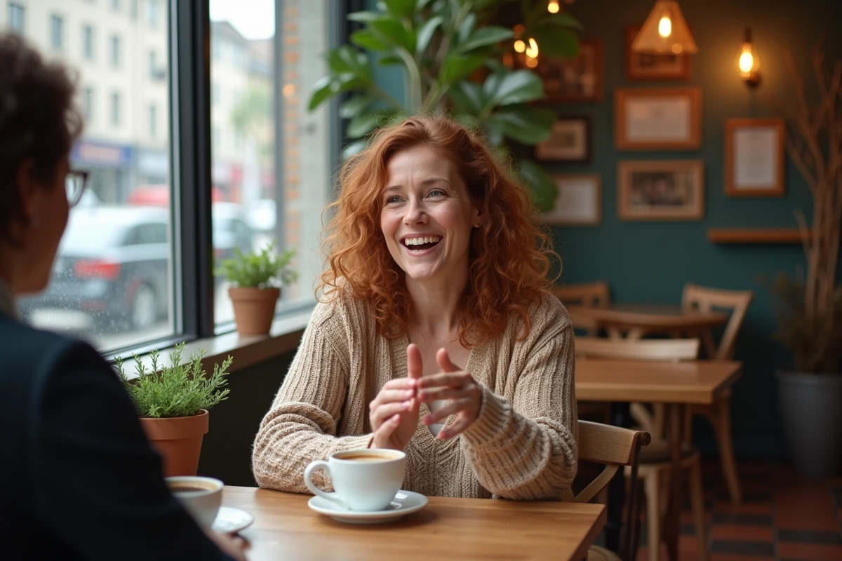 Une passionnée partageant son témoignage et son récit autour d'un café dans un contexte convivial et authentique