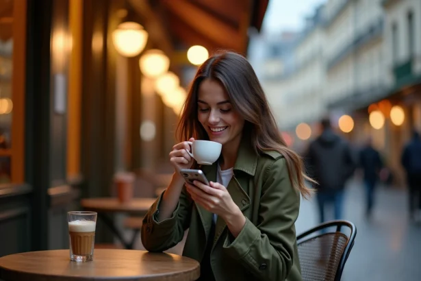 Jeune femme parisienne en terrasse de café le soir, bon plan sortie Paris pas cher