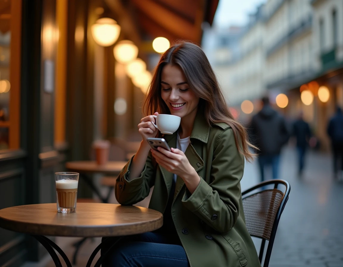 Jeune femme parisienne en terrasse de café le soir, bon plan sortie Paris pas cher