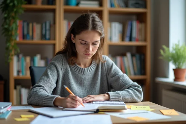Jeune femme étudiant la traduction du mot allemand Sonstiges avec un dictionnaire bilingue et des notes manuscrites
