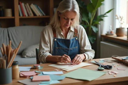 Femme adulte faisant des travaux manuels seule chez elle, transformant son salon en atelier créatif avec papier et peinture