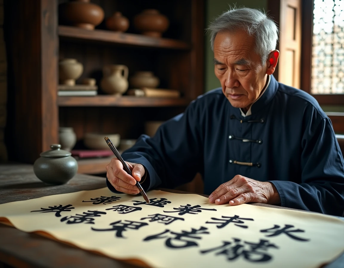 Vieil homme asiatique pratiquant la calligraphie chinoise traditionnelle dans un bureau en bois ancien au lever du jour
