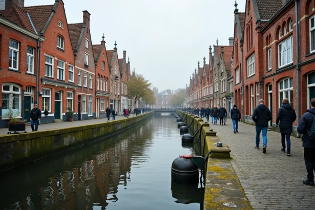 Vue panoramique du canal de Gand en Belgique avec ses maisons à pignons flamands typiques et ses quais en pavés, illustrant une ville belge en 4 lettres