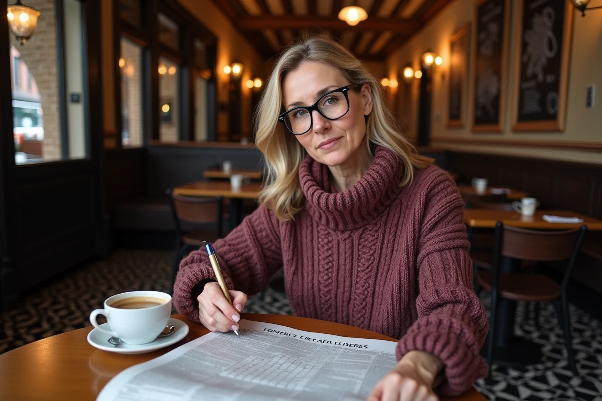 Femme belge résolvant des mots croisés dans un café traditionnel belge avec des noms de villes belges en 4 lettres visibles sur la grille comme Gand, Mons et Liège
