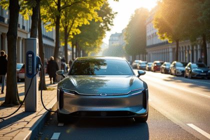 Voiture hybride en charge dans une ville française animée