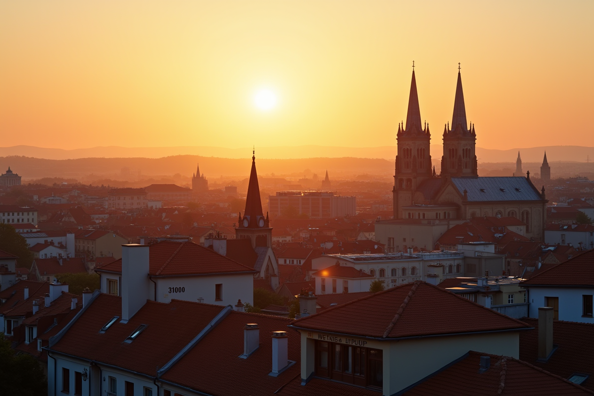 Vue aérienne de toulouse au coucher du soleil avec toits et 31000
